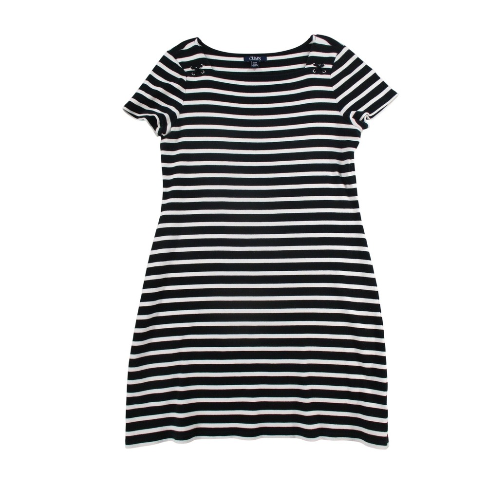 Chaps Womens L Striped Knit Sheath Dress‎ Black White Short Sleeve
